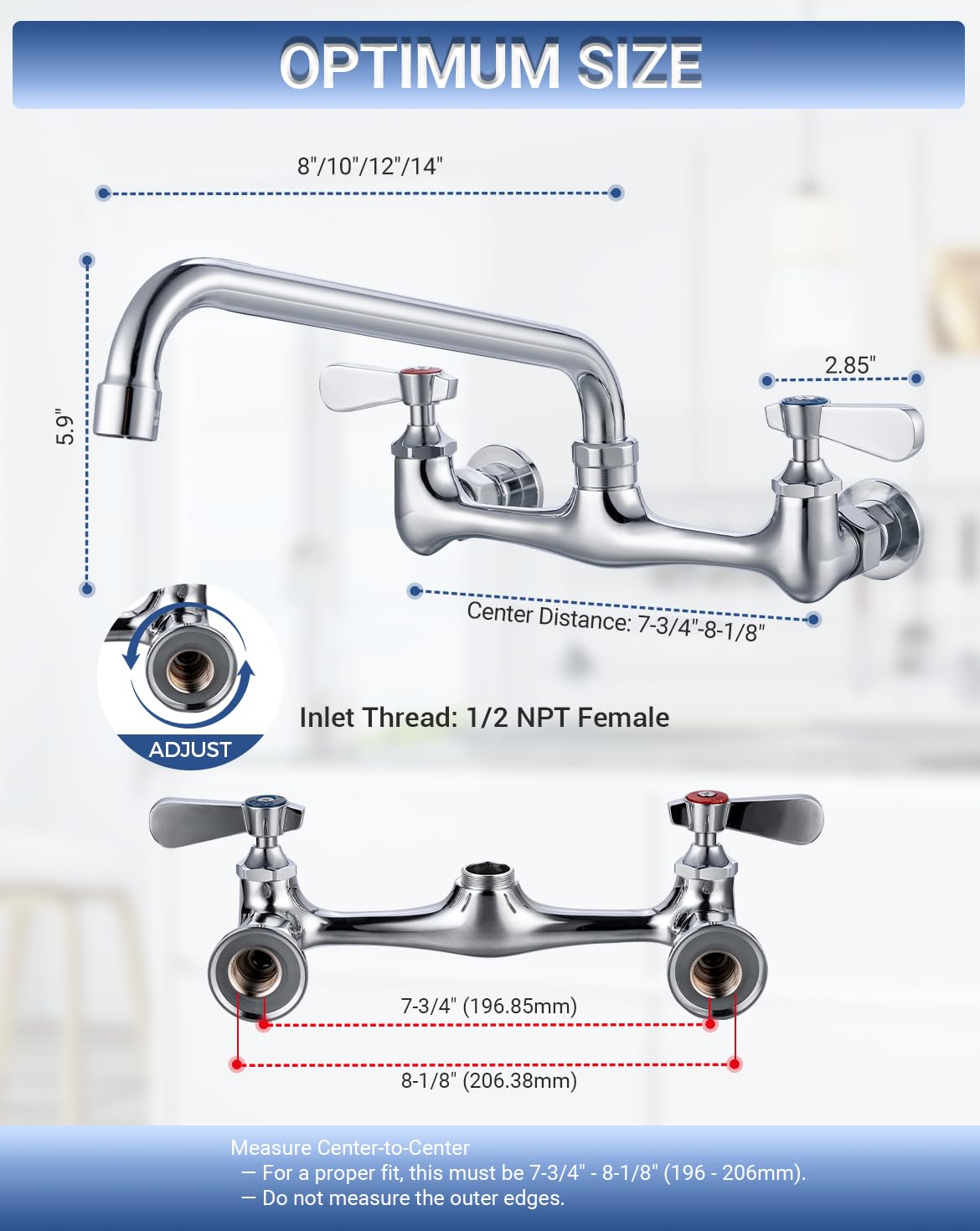 Phivan 8 Inch Center Wall Mount Commercial Sink Faucet – 8 Inch Swivel Spout, Dual-Handle Chrome Brass