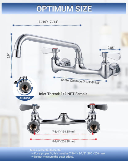 Phivan 8 Inch Center Wall Mount Commercial Sink Faucet – 8 Inch Swivel Spout, Dual-Handle Chrome Brass