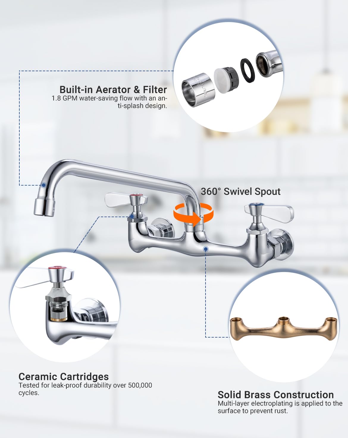 Phivan 8 Inch Center Wall Mount Commercial Sink Faucet – 8 Inch Swivel Spout, Dual-Handle Chrome Brass