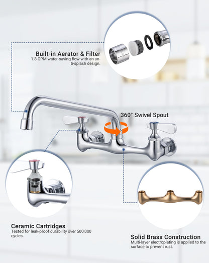 Phivan 8 Inch Center Wall Mount Commercial Sink Faucet – 8 Inch Swivel Spout, Dual-Handle Chrome Brass
