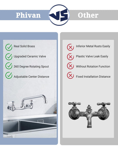 Phivan 8 Inch Center Wall Mount Commercial Sink Faucet – 8 Inch Swivel Spout, Dual-Handle Chrome Brass