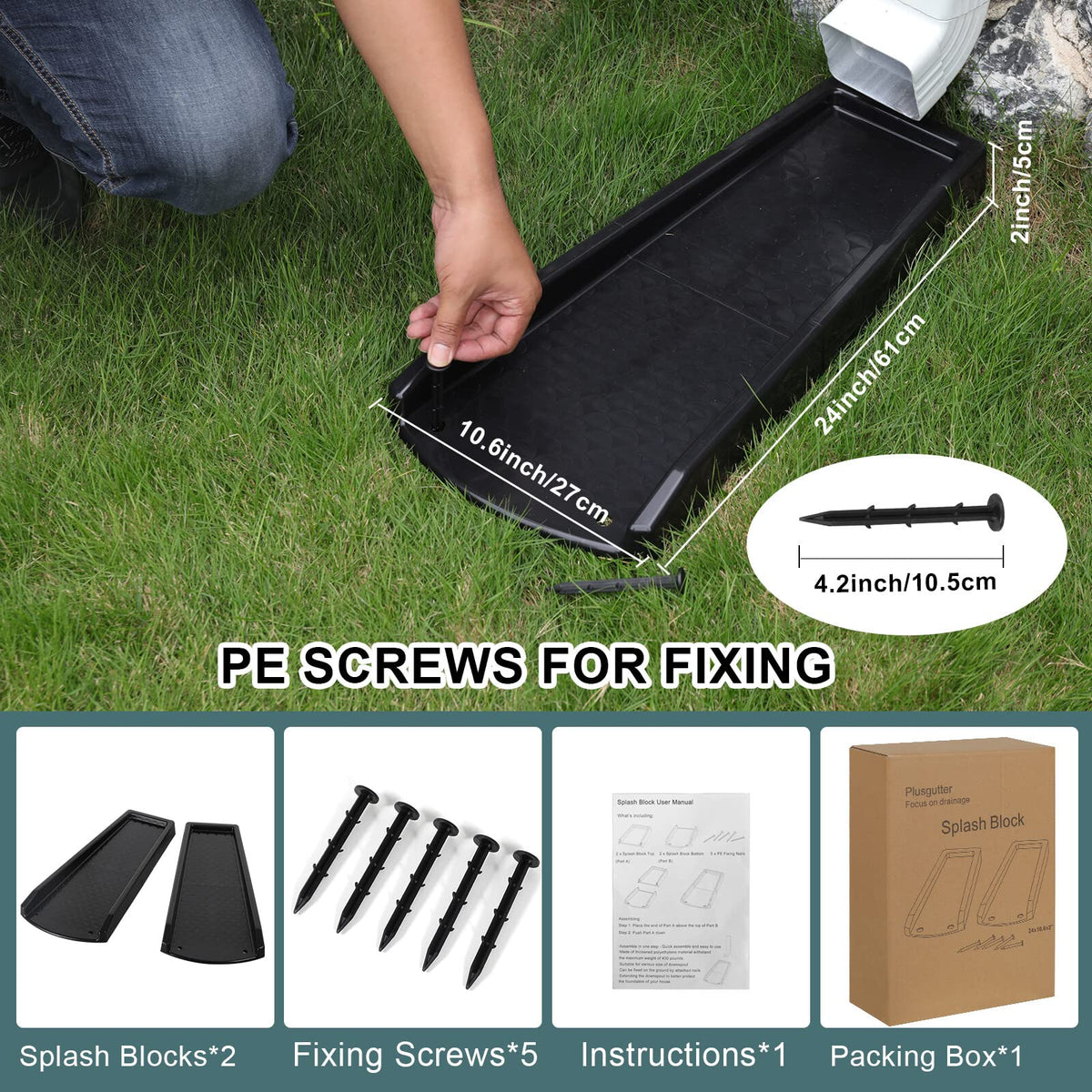 Plusgutter Rain Gutter Downspout Splash Block – 24in Extender, Black (2 Pack)