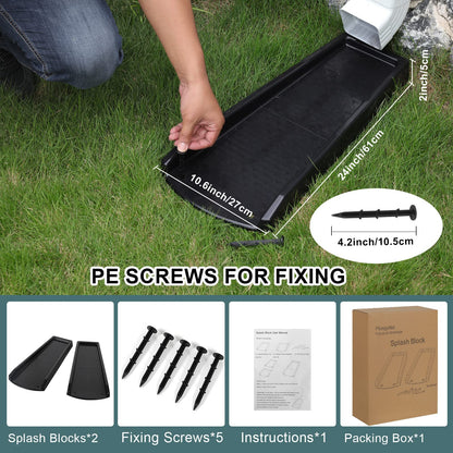 Plusgutter Rain Gutter Downspout Splash Block – 24in Extender, Black (2 Pack)