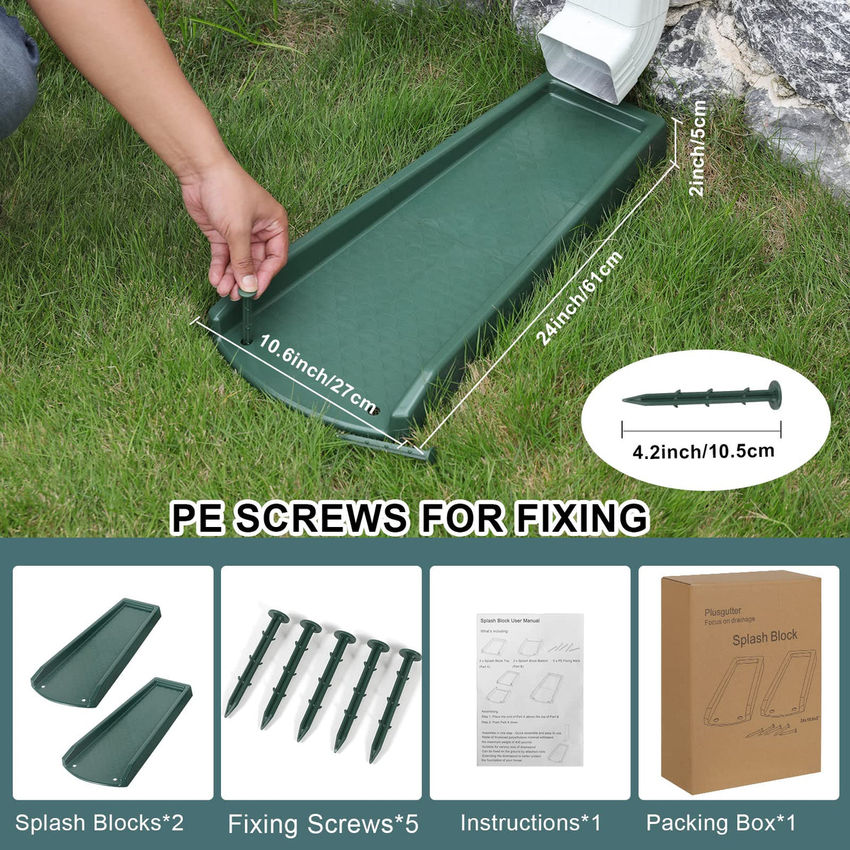 plusgutter Rain Gutter Downspout Splash Block – 24-inch Extender, Green (2 Pack)