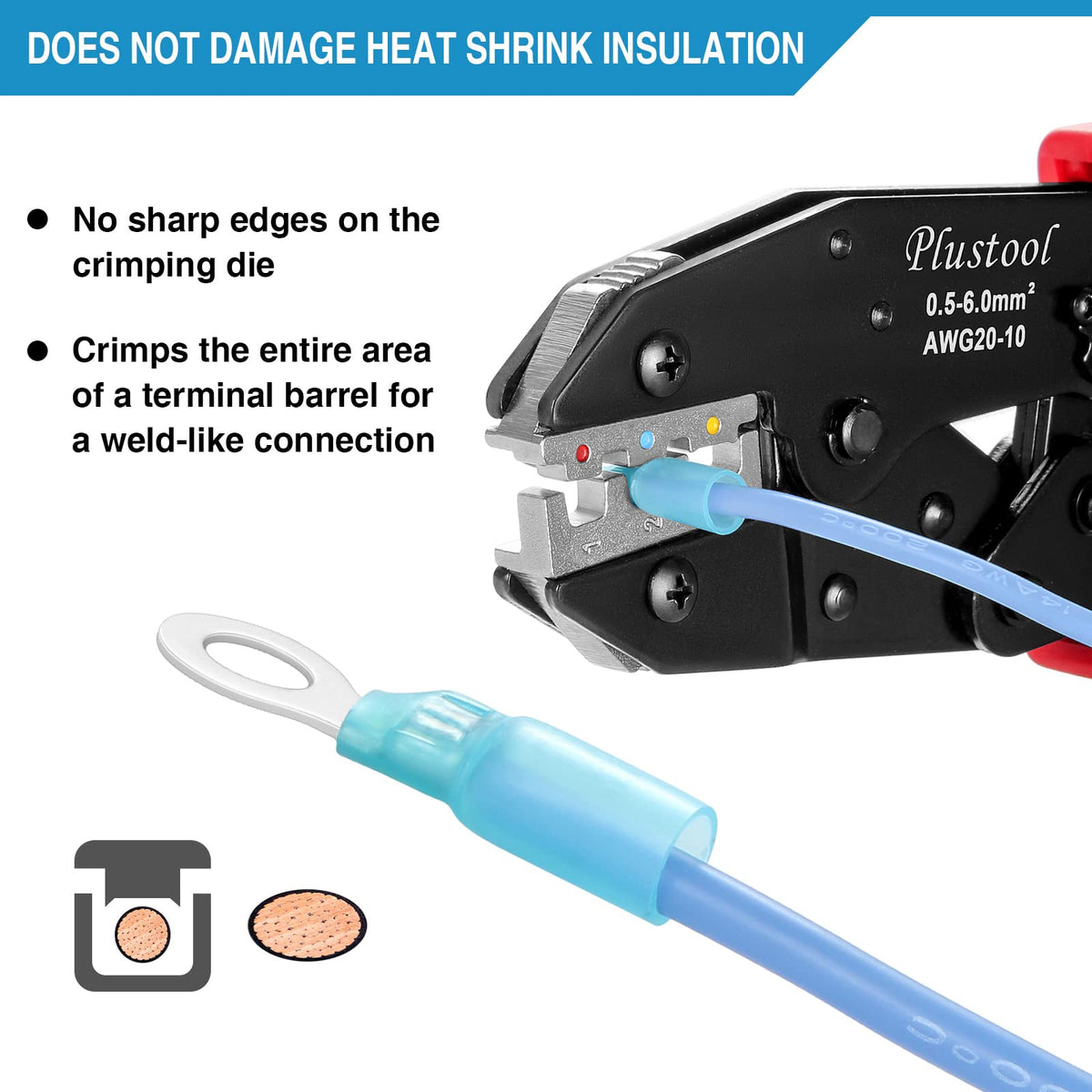 Plustool Crimping Tool for Heat Shrink Connectors AWG22-10 | Ratcheting Terminal Crimper