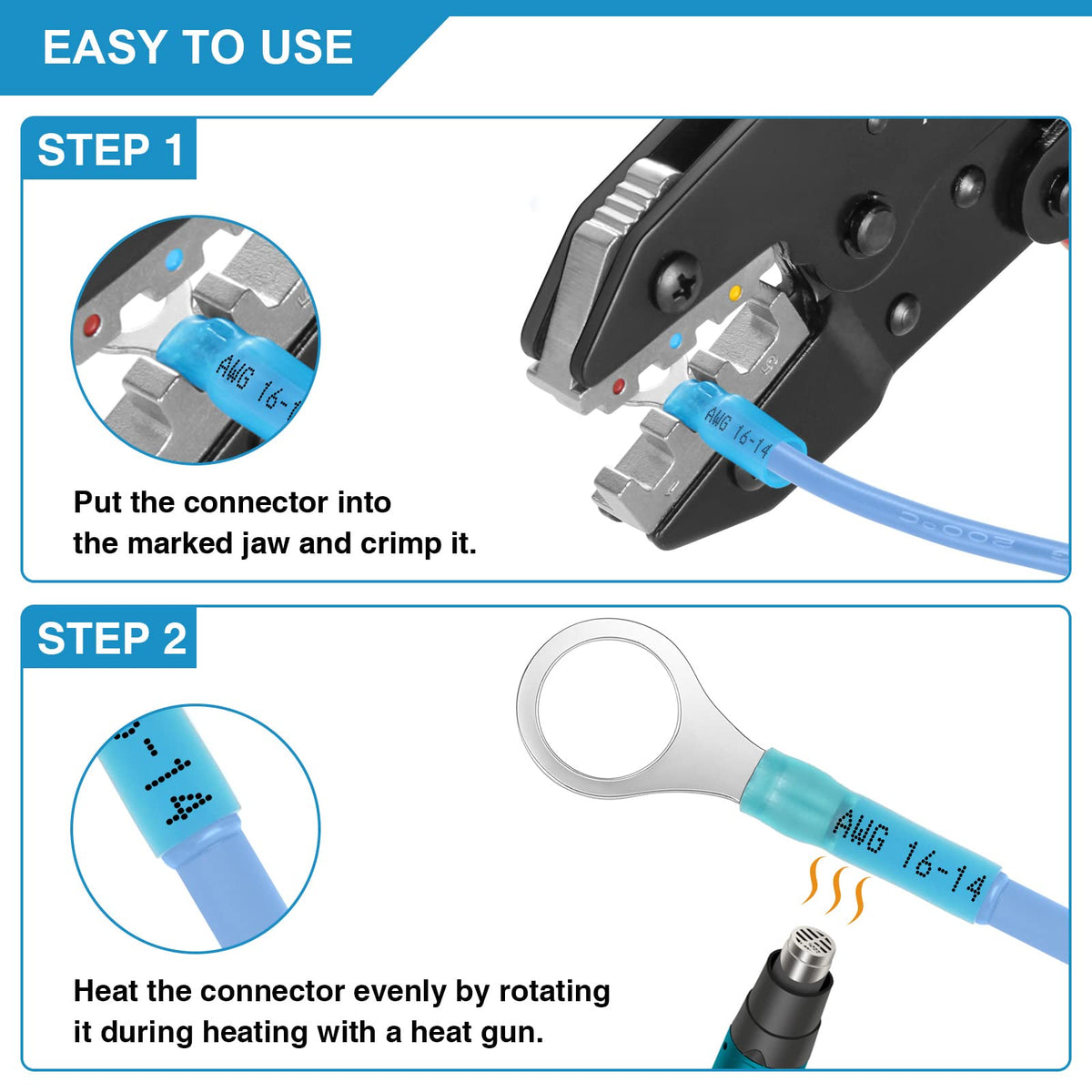 Plustool Crimping Tool for Heat Shrink Connectors AWG22-10 | Ratcheting Terminal Crimper