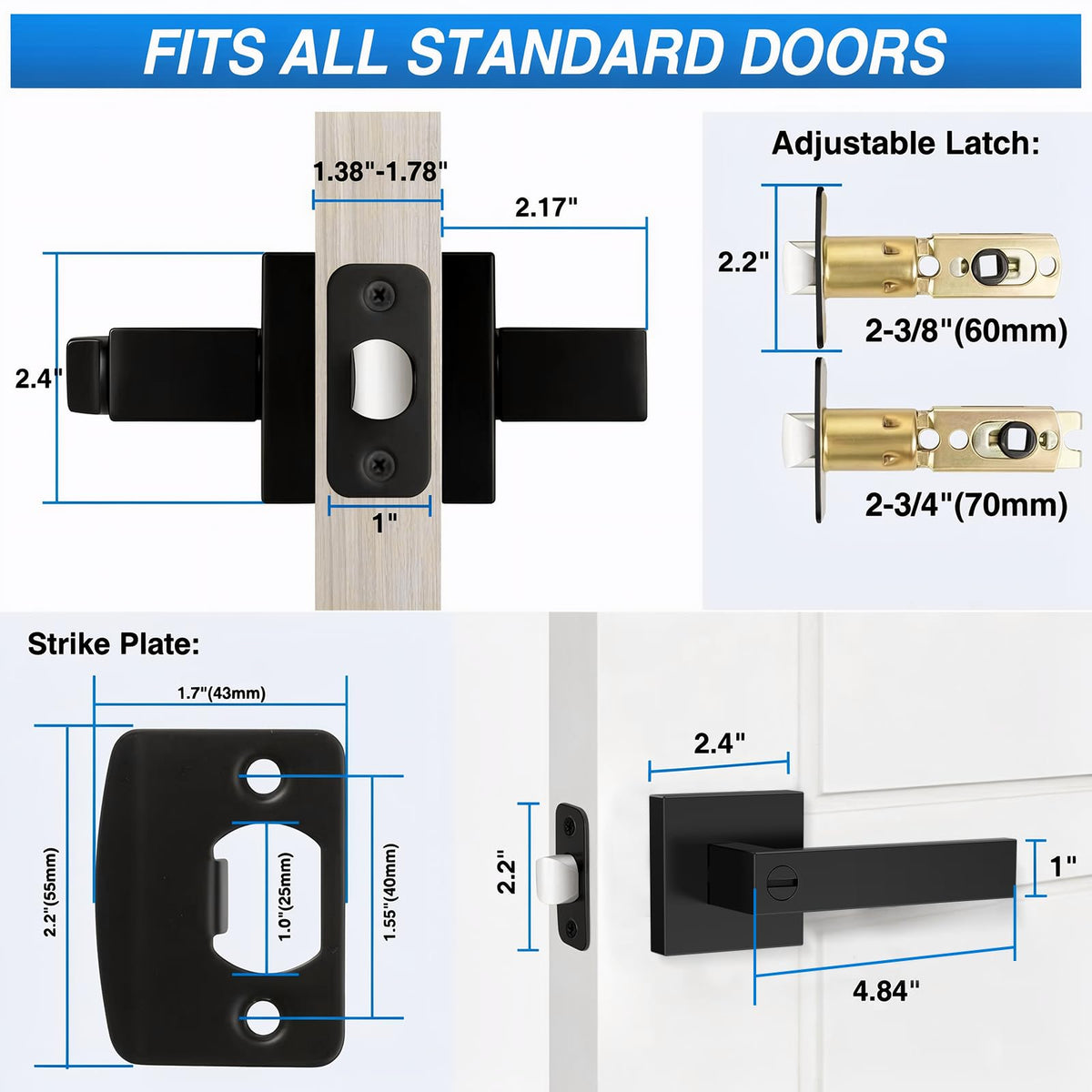 Plustool 8-Pack Matte Black Interior Door Handles — Reversible Privacy Lever Locksets