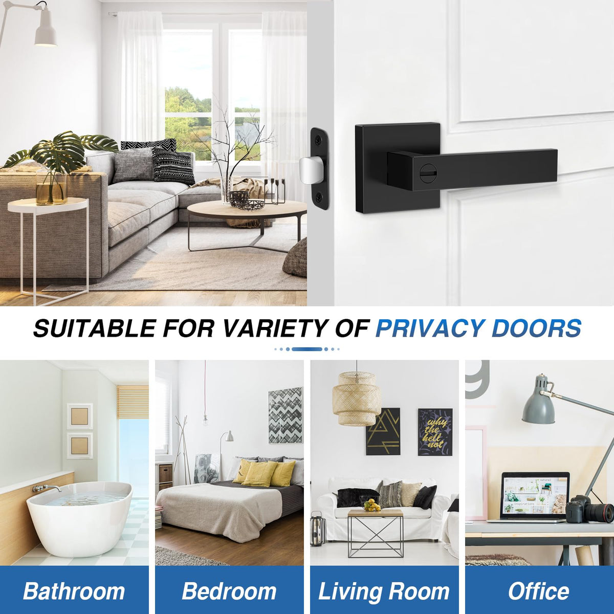 Plustool 8-Pack Matte Black Interior Door Handles — Reversible Privacy Lever Locksets