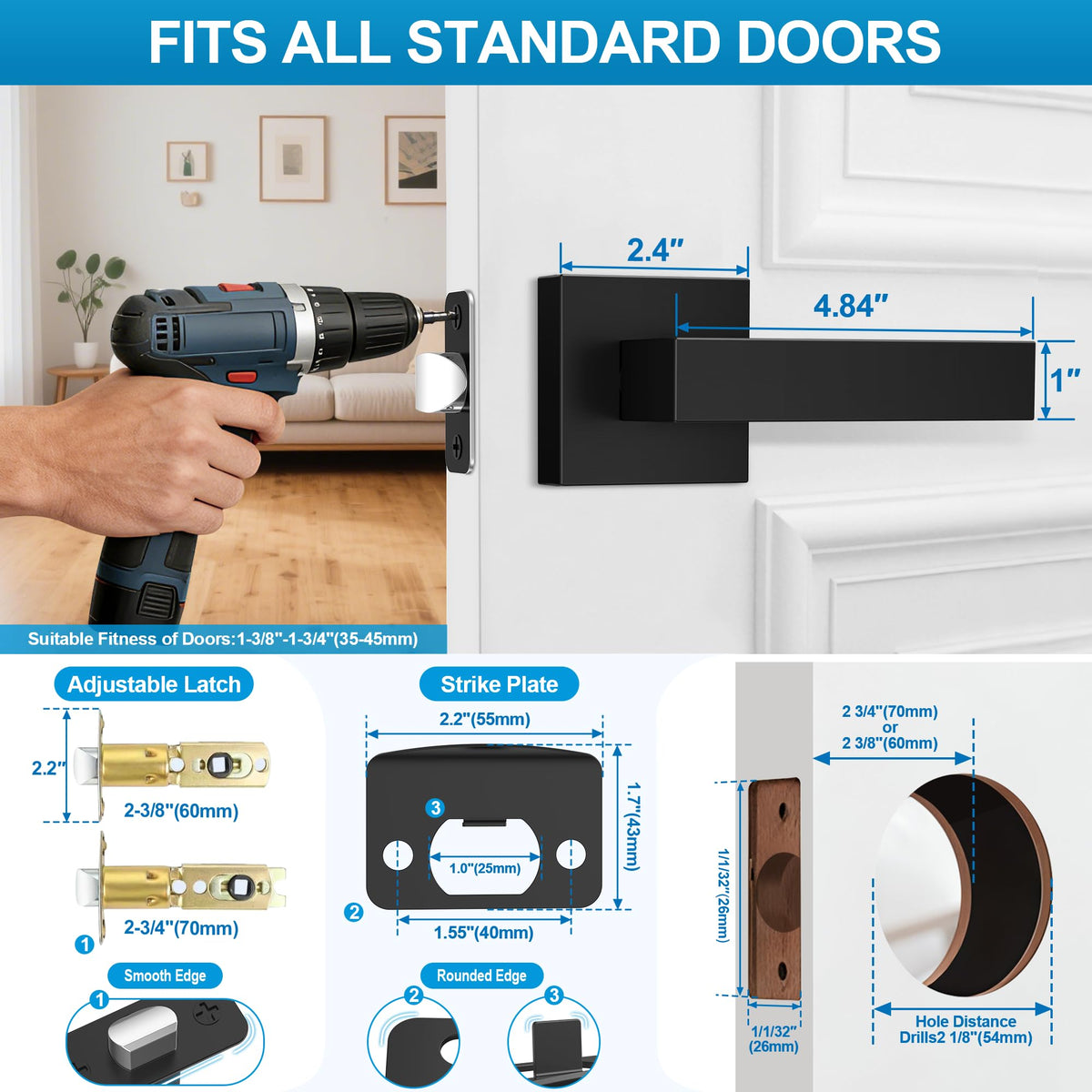 Plustool 8 Pack Matte Black Interior Door Handles – Heavy-Duty Passage Levers for Left & Right Doors