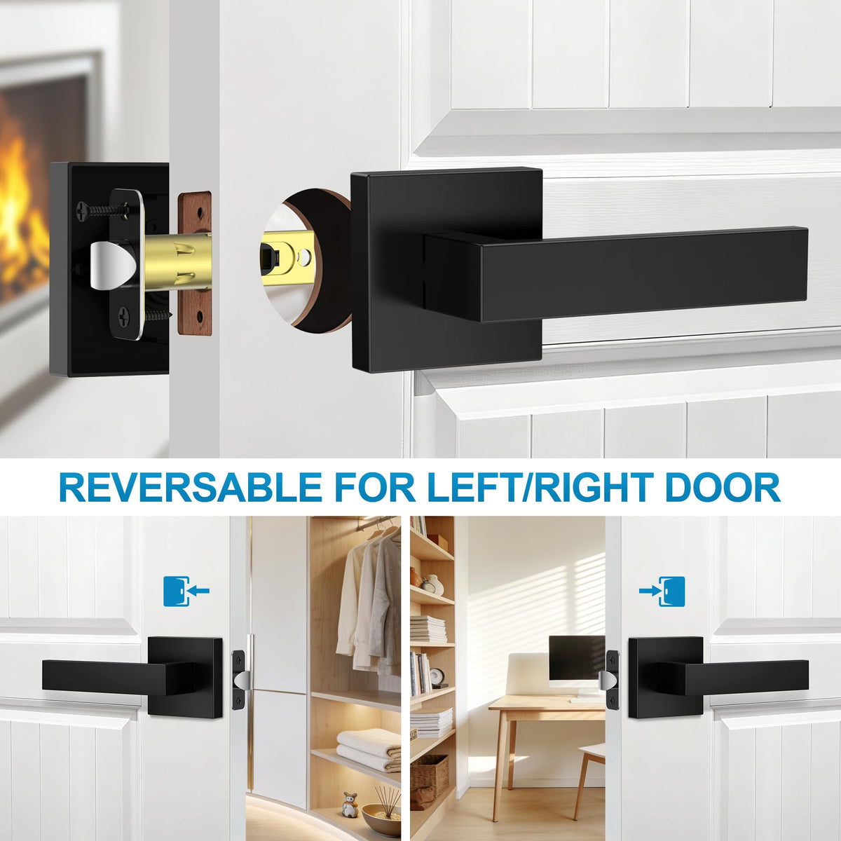 Plustool 8 Pack Matte Black Interior Door Handles – Heavy-Duty Passage Levers for Left & Right Doors