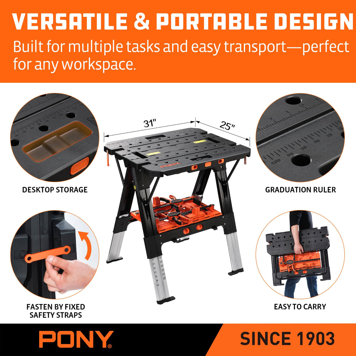 PONY Portable Folding Work Table | 2-in-1 Sawhorse & Workbench