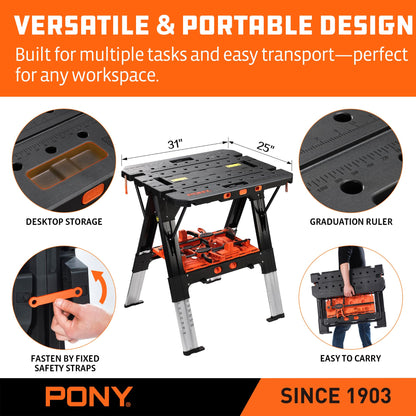 PONY Portable Folding Work Table | 2-in-1 Sawhorse & Workbench