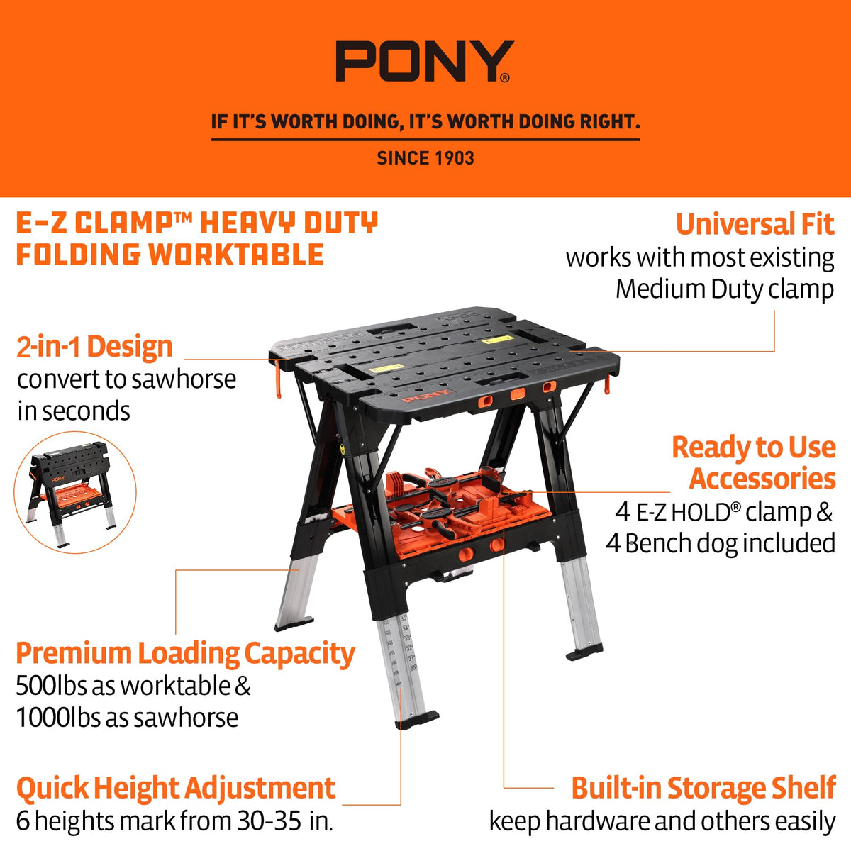 PONY Portable Folding Work Table | 2-in-1 Sawhorse & Workbench