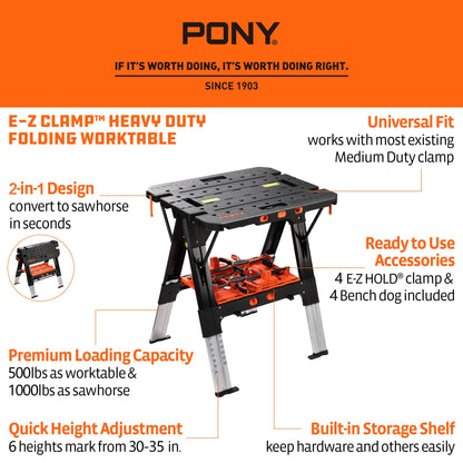 PONY Portable Folding Work Table | 2-in-1 Sawhorse & Workbench