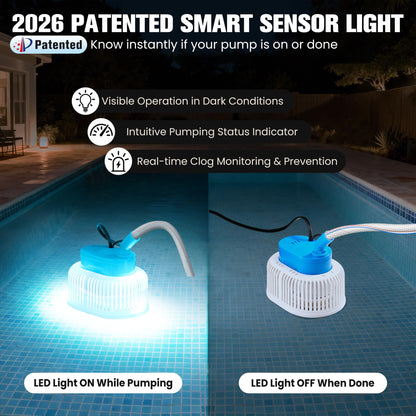 PoolPop LED Lighted Pool Cover Pump – 850 GPH Submersible, 16ft Hose, 25ft Cord