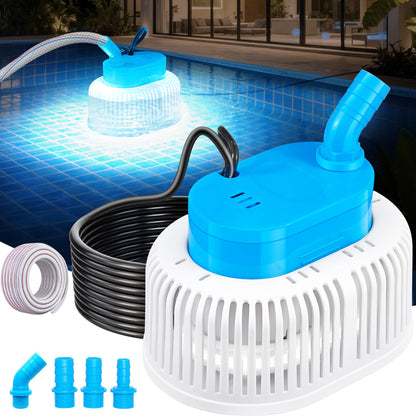 PoolPop LED Lighted Pool Cover Pump – 850 GPH Submersible, 16ft Hose, 25ft Cord
