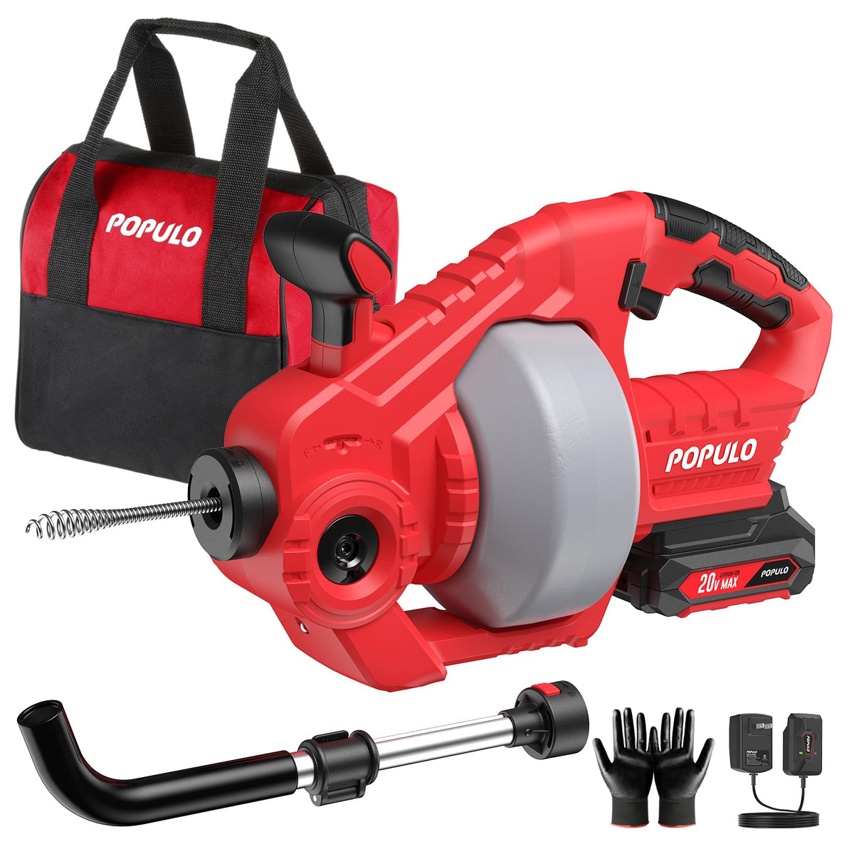 POPULO 20V Cordless Drain Snake — 25ft Cable, 2.0Ah Battery, Toilet & Drain Clog Remover