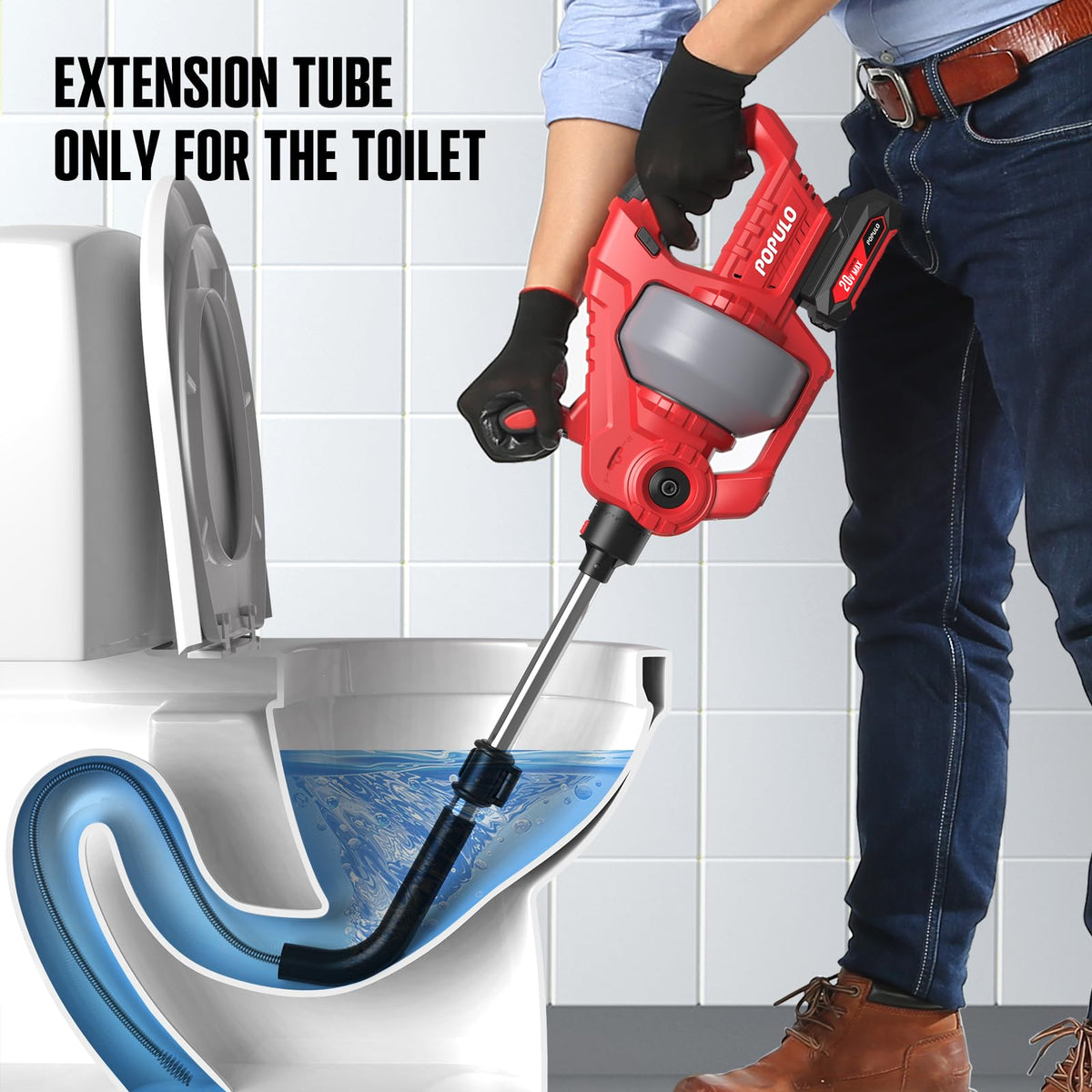 POPULO 20V Cordless Drain Snake — 25ft Cable, 2.0Ah Battery, Toilet & Drain Clog Remover