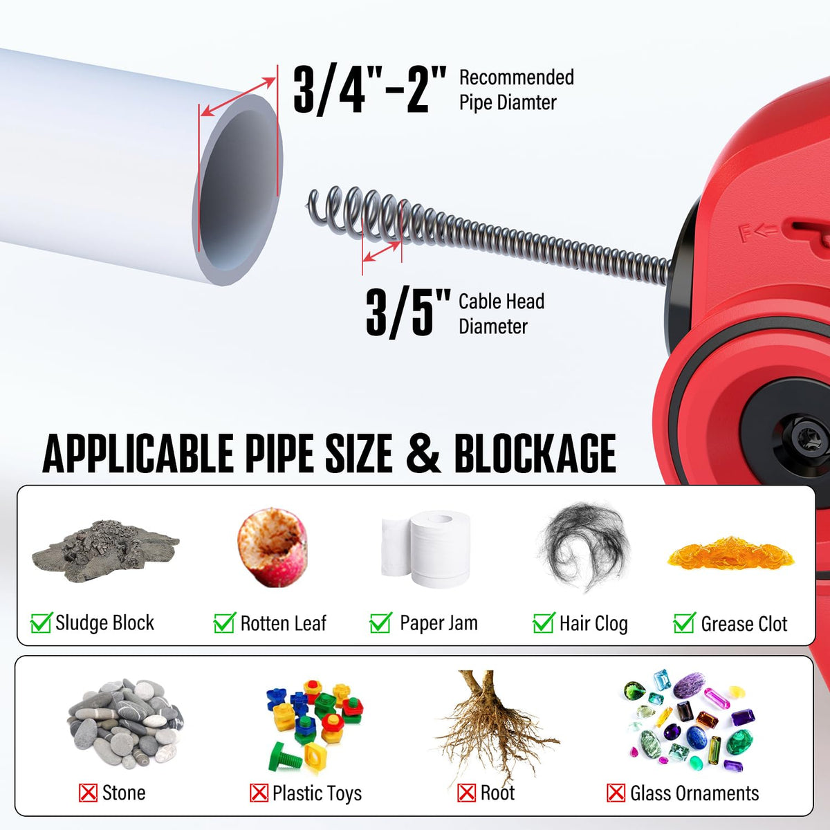 POPULO 20V Cordless Drain Snake — 25ft Cable, 2.0Ah Battery, Toilet & Drain Clog Remover