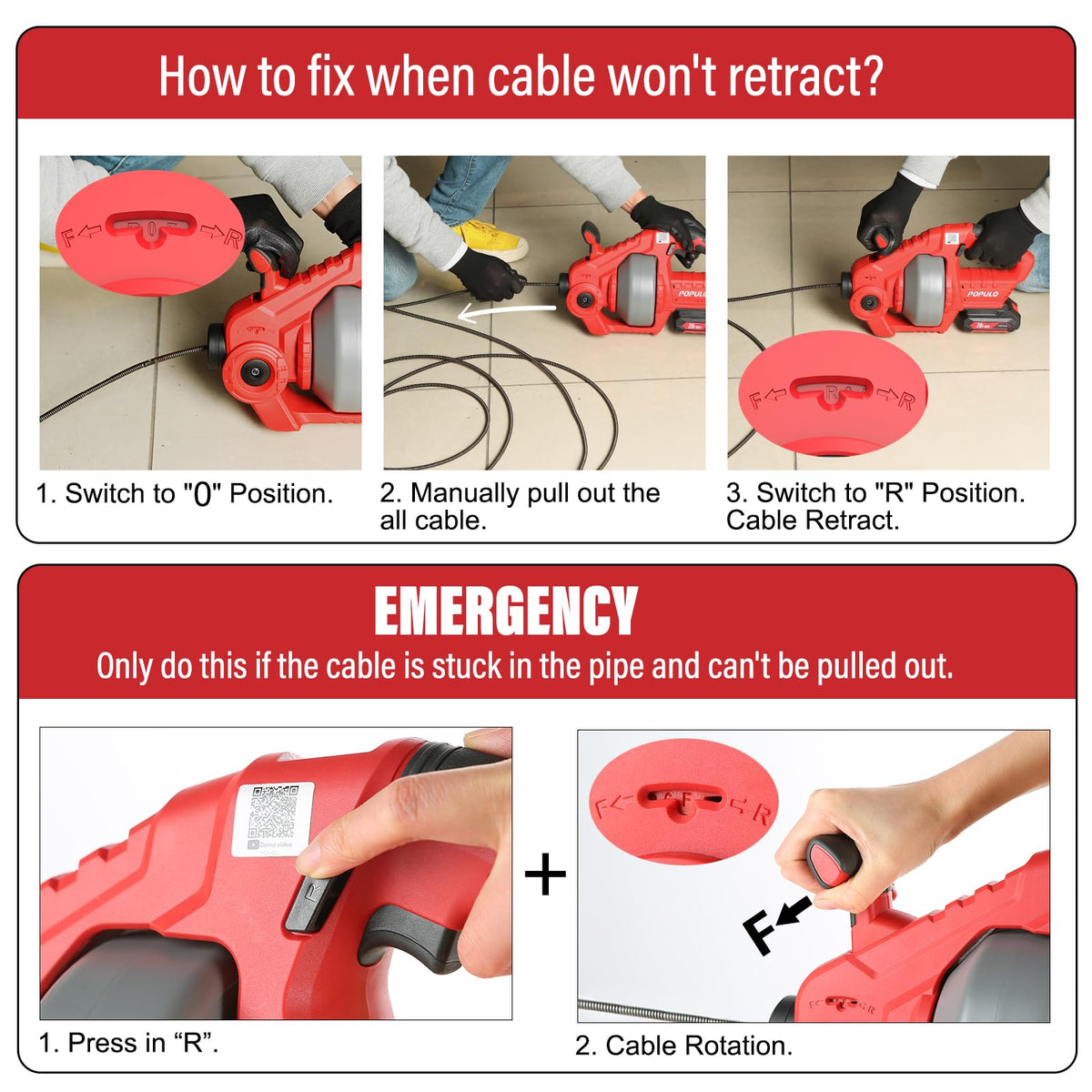 POPULO 20V Cordless Drain Snake — 25ft Cable, 2.0Ah Battery, Toilet & Drain Clog Remover