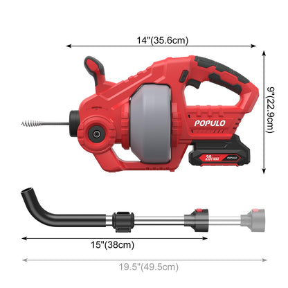 POPULO 20V Cordless Drain Snake — 25ft Cable, 2.0Ah Battery, Toilet & Drain Clog Remover