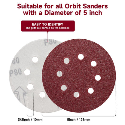POTUINOM 165 PCS 5-Inch Sanding Discs – 8-Hole Dust Removal, Round Hook-and-Loop, 40-600 Grit