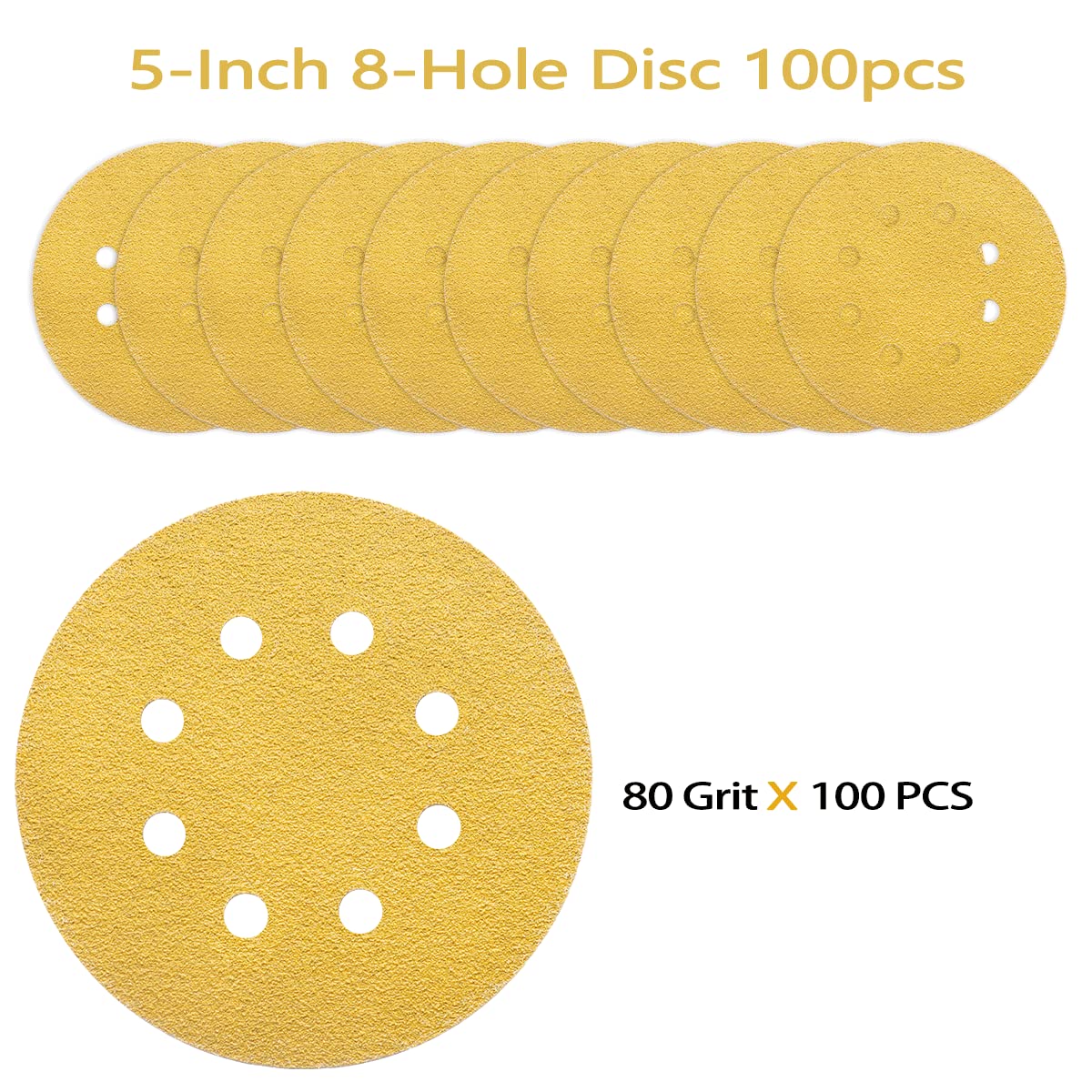 POTUINOM 100PCS 5” 8-Hole Sanding Discs 80 Grit – Gold Hook & Loop for Random Orbital Sanders