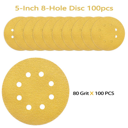 POTUINOM 100PCS 5” 8-Hole Sanding Discs 80 Grit – Gold Hook & Loop for Random Orbital Sanders