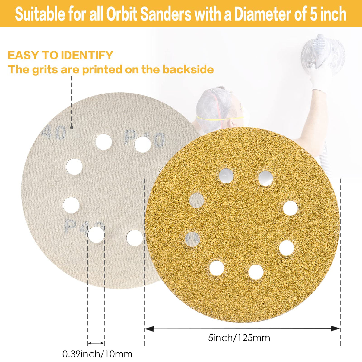 POTUINOM 100PCS 5” 8-Hole Sanding Discs 80 Grit – Gold Hook & Loop for Random Orbital Sanders