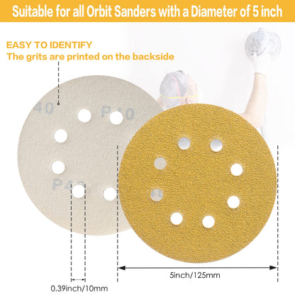 POTUINOM 100PCS 5” 8-Hole Sanding Discs 80 Grit – Gold Hook & Loop for Random Orbital Sanders
