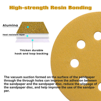 POTUINOM 100PCS 5” 8-Hole Sanding Discs 80 Grit – Gold Hook & Loop for Random Orbital Sanders