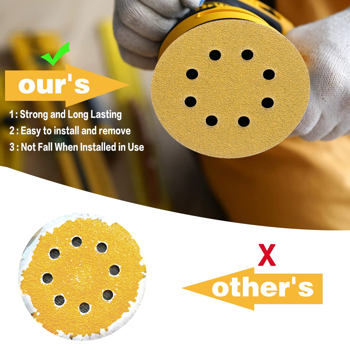 POTUINOM 100PCS 5” 8-Hole Sanding Discs 80 Grit – Gold Hook & Loop for Random Orbital Sanders