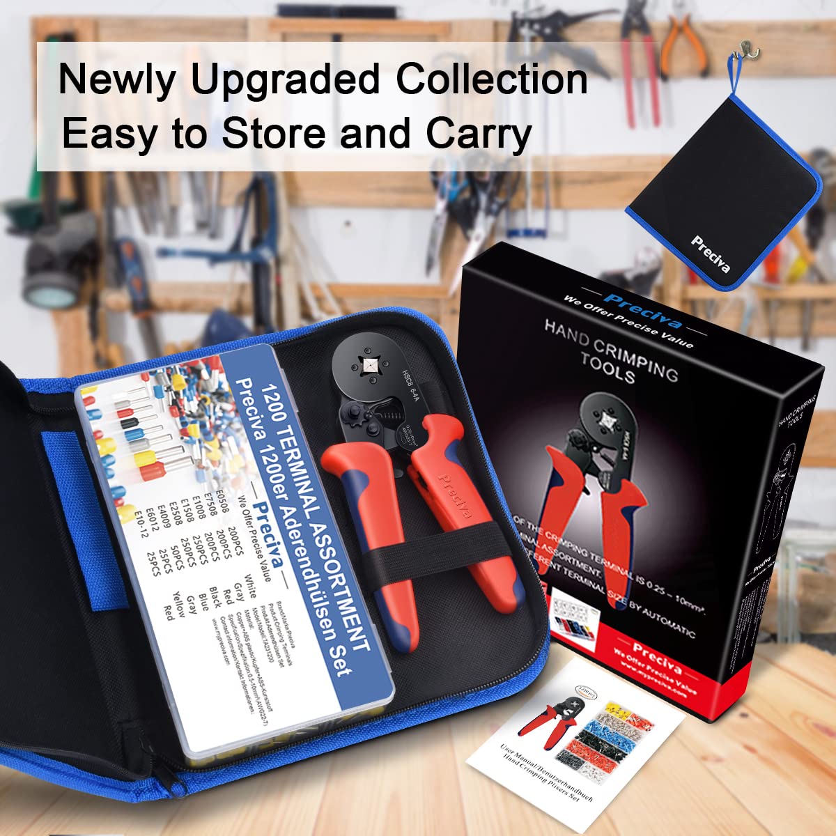 Preciva Ferrule Crimping Tool Kit – Self-Adjusting Ratchet Tool with 1200 Terminals (AWG23-7)