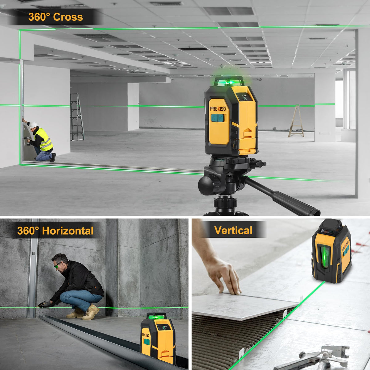 PREXISO 360° Laser Level with Tripod — Green Line, 100ft Range, Self-Leveling