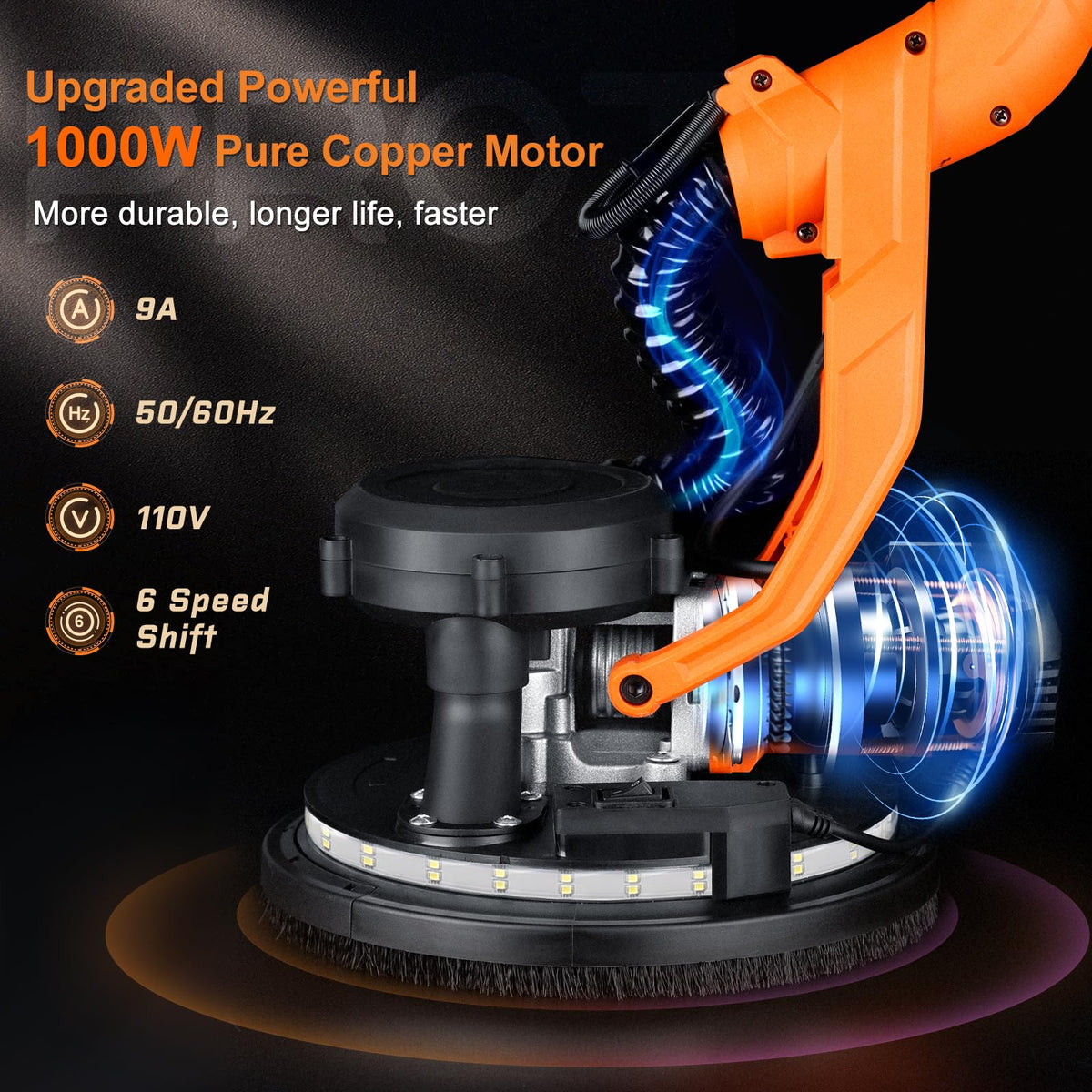 Protmex Drywall Sander 1000W – Dust Collection, LED Light, 6-Speed, Extendable Pole