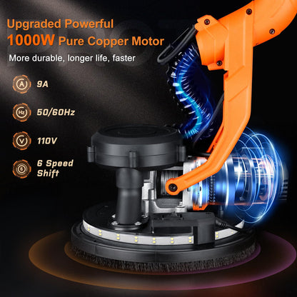 Protmex Drywall Sander 1000W – Dust Collection, LED Light, 6-Speed, Extendable Pole