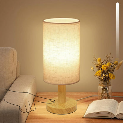 Puzipha Touch Bedside Lamp — USB-Powered, Stepless Dimming, 2700K Warm Light, Wood Base