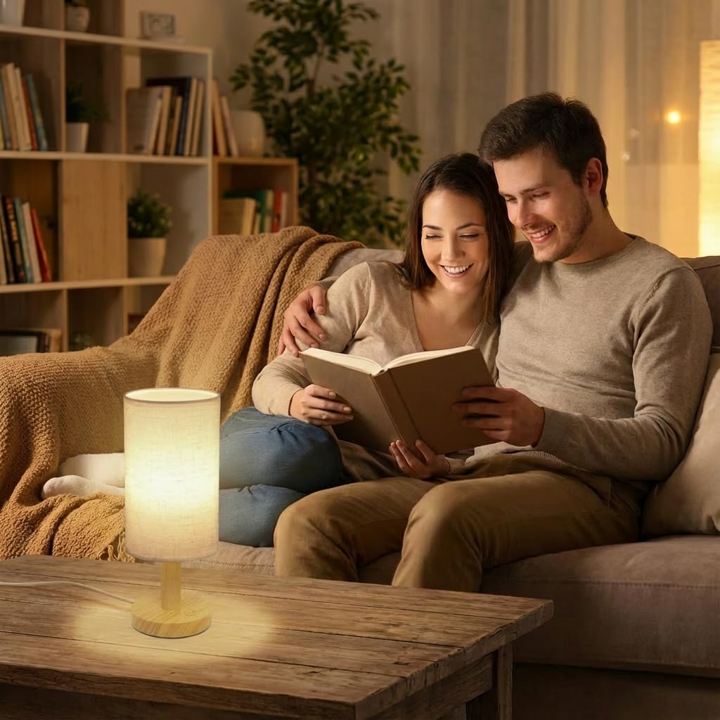 Puzipha Touch Bedside Lamp — USB-Powered, Stepless Dimming, 2700K Warm Light, Wood Base