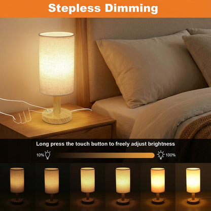 Puzipha Touch Bedside Lamp — USB-Powered, Stepless Dimming, 2700K Warm Light, Wood Base