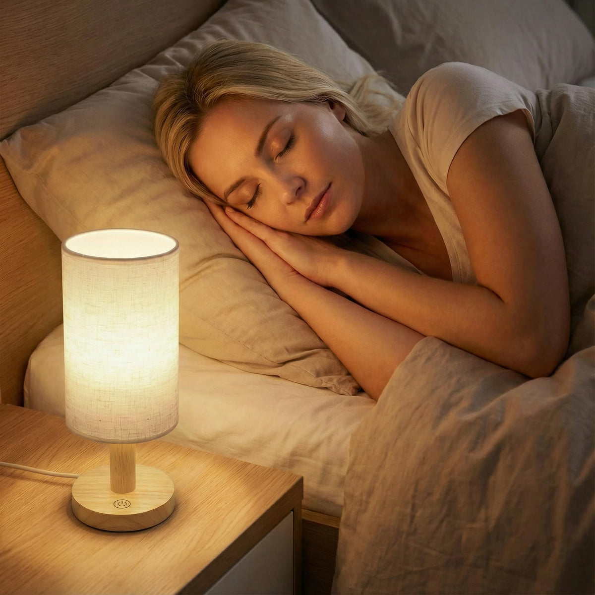 Puzipha Touch Bedside Lamp — USB-Powered, Stepless Dimming, 2700K Warm Light, Wood Base