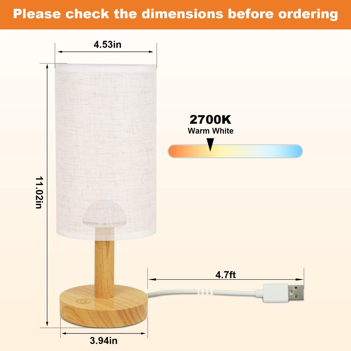 Puzipha Touch Bedside Lamp — USB-Powered, Stepless Dimming, 2700K Warm Light, Wood Base