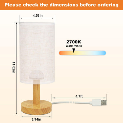 Puzipha Touch Bedside Lamp — USB-Powered, Stepless Dimming, 2700K Warm Light, Wood Base