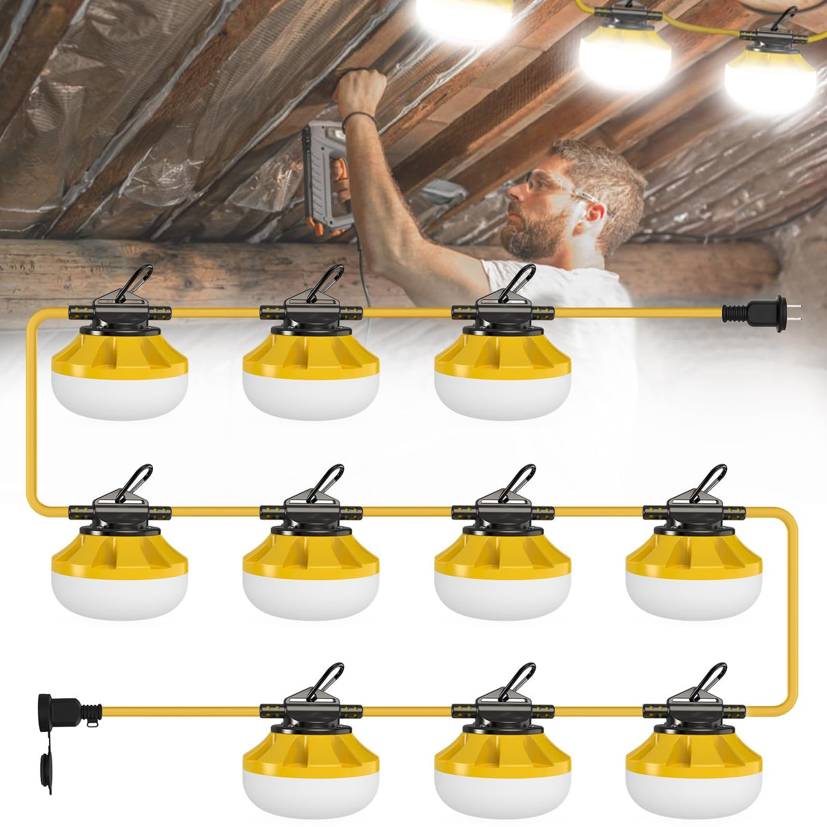 Pvilub 100FT Construction String Lights — 100W LED, IP65, 10 Bulbs, Linkable Work Light