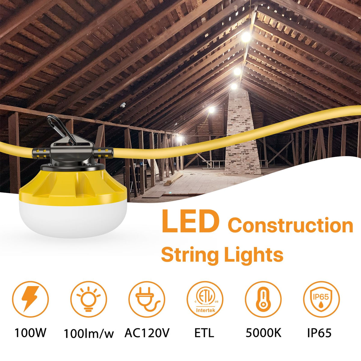 Pvilub 100FT Construction String Lights — 100W LED, IP65, 10 Bulbs, Linkable Work Light