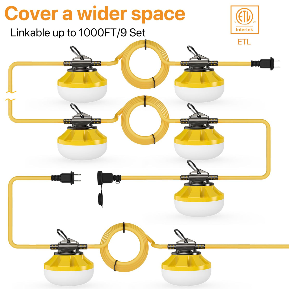 Pvilub 100FT Construction String Lights — 100W LED, IP65, 10 Bulbs, Linkable Work Light