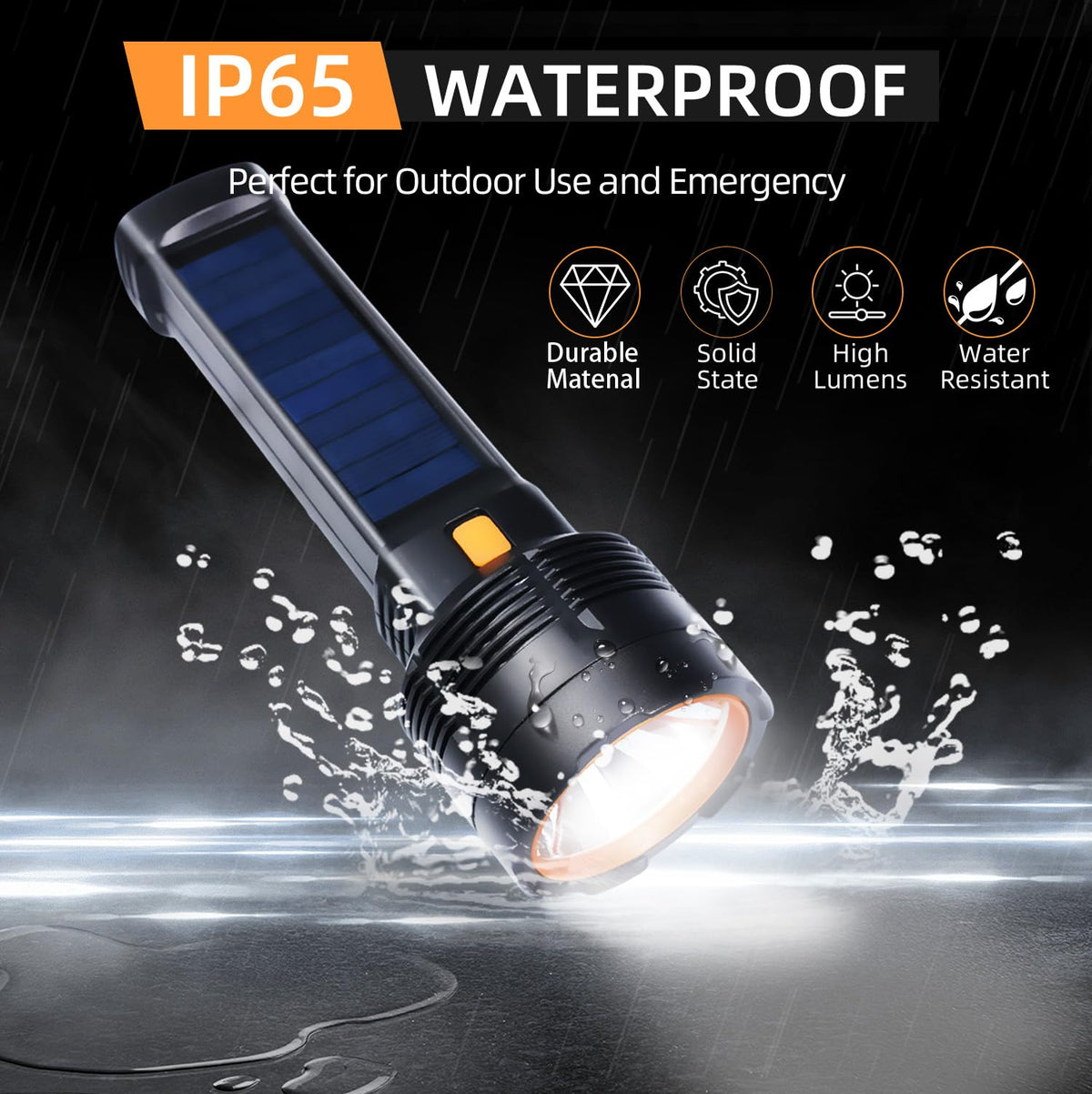 Queena 2 Pack LED Rechargeable Flashlight - 100000 Lumens, Solar & USB-C, IP65 Waterproof