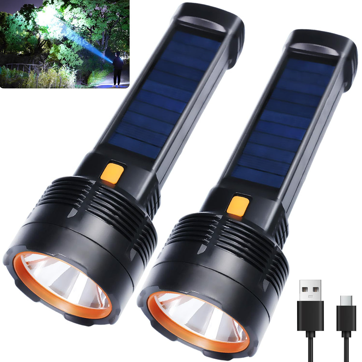 Queena 2 Pack LED Rechargeable Flashlight - 100000 Lumens, Solar & USB-C, IP65 Waterproof