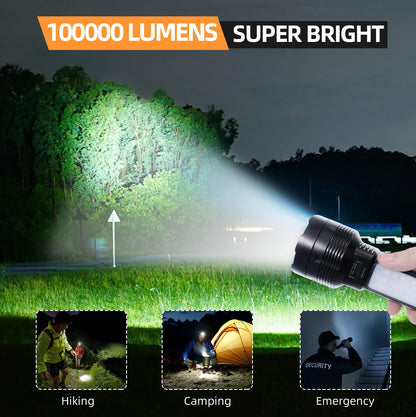 Queena 2 Pack LED Rechargeable Flashlight - 100000 Lumens, Solar & USB-C, IP65 Waterproof