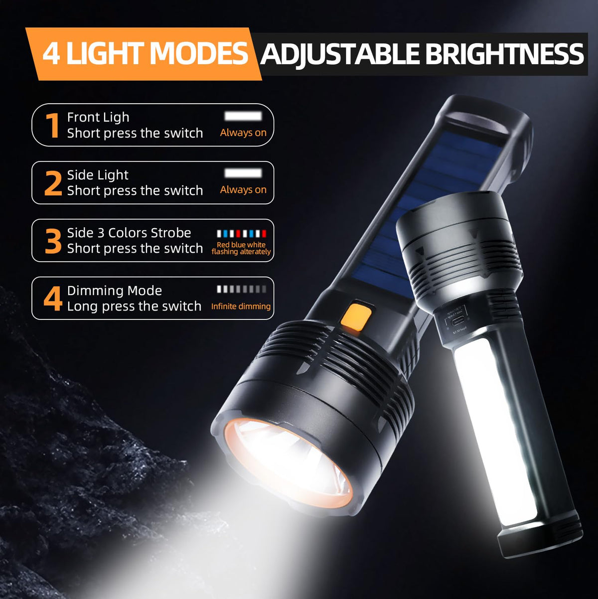 Queena 2 Pack LED Rechargeable Flashlight - 100000 Lumens, Solar & USB-C, IP65 Waterproof