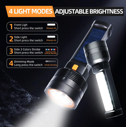 Queena 2 Pack LED Rechargeable Flashlight - 100000 Lumens, Solar & USB-C, IP65 Waterproof